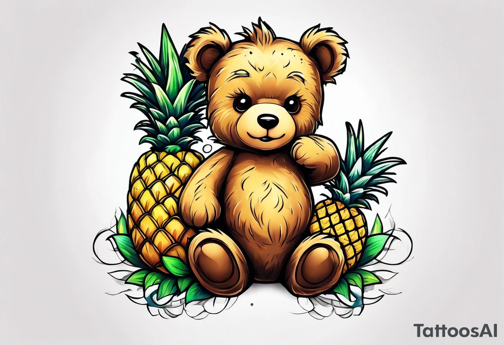 Teddy bear hugging a pineapple tattoo idea
