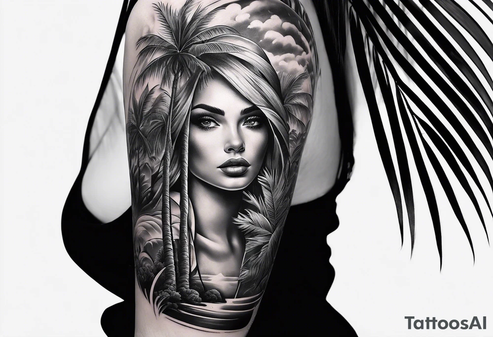 women's sleeve with palm trees tattoo idea