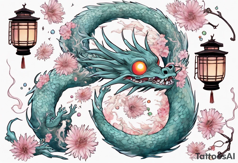 spirited away, chihiro, soot sprites, haku dragon, pastel, flowers, chinese lanterns, manga tattoo idea