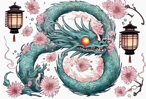 spirited away, chihiro, soot sprites, haku dragon, pastel, flowers, chinese lanterns, manga tattoo idea