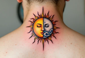 A radiant golden sun with sharp rays on one side and a calm silver moon with soft waves on the other, symbolizing karmic equilibrium. tattoo idea