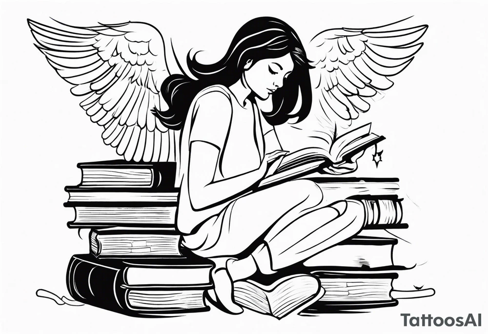 Small tattoo for shoulder. Women Angel kneeling next to open stack of books with bird silhouettes flying out of the book. tattoo idea