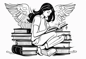 Small tattoo for shoulder. Women Angel kneeling next to open stack of books with bird silhouettes flying out of the book. tattoo idea