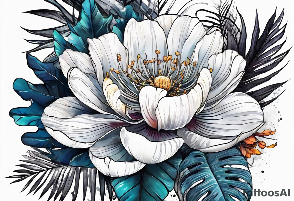 sea,, night, flower, palm, tattoo idea