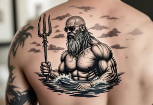 young, happy, fit, balding, poseidon in calm water, holding a trident, drinking a beer, with sunset, with ski boat, with sunglasses tattoo idea