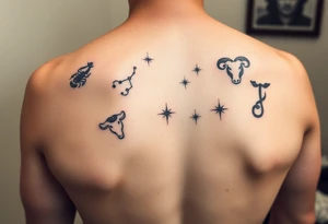 Back piece artistic water color constellations for family members: Scorpio (x2) Taurus, Aries (x2), leo. Star only. Combined into one night sky tattoo idea