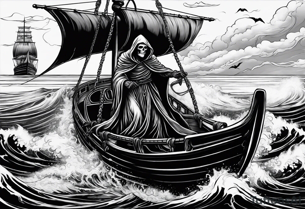 Grim reaper riding a ferry with a kraken in the background tattoo idea