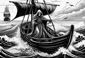 Grim reaper riding a ferry with a kraken in the background tattoo idea