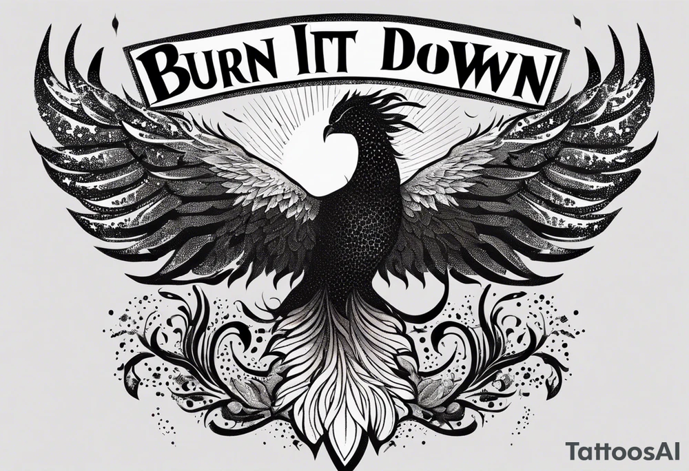 Bold text "BURN IT DOWN" engulfed with flames and smoke of a phoenix tattoo idea