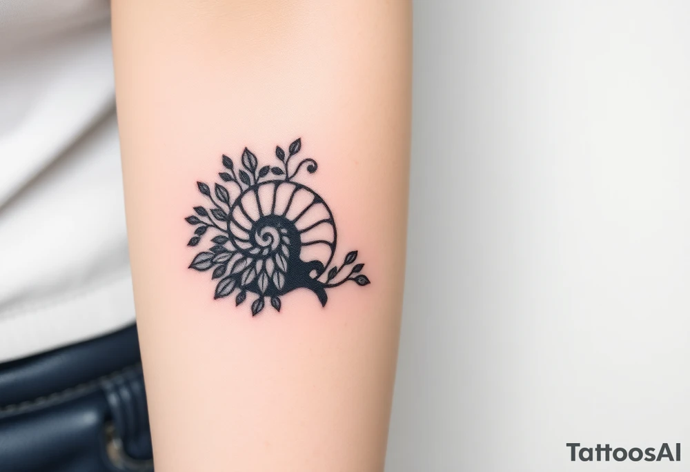 Fibonacci spiral shell on side of base of tree full of lots of leaves tattoo idea