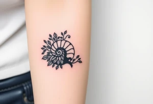 Fibonacci spiral shell on side of base of tree full of lots of leaves tattoo idea