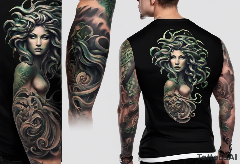 ### Medusa Tattoo Design Concept

**Style:** Realistic with a touch of fantasy.

**Elements:**
1. **Medusa’s Full Body:**
   - **Posture:** Medusa is depicted in a floating, ethereal stance, creating a sense of mystical presence and power.
   - **Eyes:** Her eyes are glowing white, giving her an otherworldly and intense gaze.
   - **Hair:** Green snakes are intricately designed, flowing around her head like a crown. The snakes vary in size and direction to add dynamic movement.
   - **Dress:** She wears a white, sheer dress that flows gracefully, semi-transparent to highlight her form beneath, adding to the ethereal effect.

2. **Additional Details:**
   - **Background:** A subtle, dark gradient or swirling mist to enhance the floating effect and draw focus to Medusa.
   - **Texture and Shading:** Detailed scales on the snakes and delicate folds in the dress, with high contrast shading to highlight the glowing eyes and the sheer nature of the dress.

### Visual Composition:

- **Top Section:** Medusa's head and upper body. The green snakes are prominent, with realistic scales and a vibrant green color. The glowing white eyes are the focal point, drawing immediate attention.
- **Middle Section:** The sheer white dress flows down her body. The dress should have a delicate, almost ghostly appearance, with subtle highlights and shadows to convey the texture and transparency.
- **Bottom Section:** Her lower body and legs, partially visible through the dress, fading into the background mist to enhance the floating illusion. tattoo idea