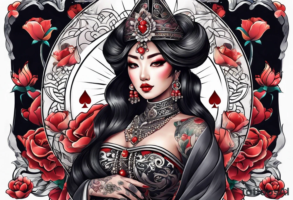 Asian Queen Of Spades sleeve tattoo idea