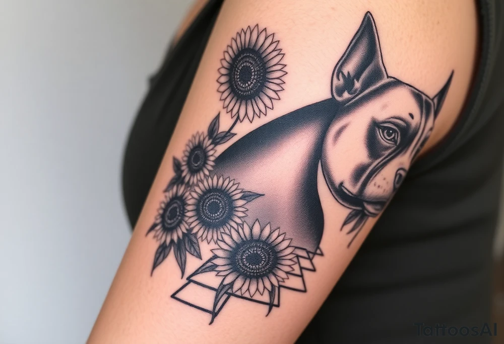 Very thick muscled up pitbull portraits fading into the background as filler incorporate sunflowers, an old road made from pavers tattoo idea