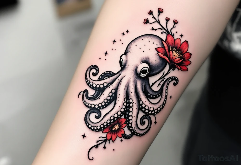 A small realistic black and grey tattoo of an octopus, cute, with detailed shading and soft linework, showing the octopus with swirling tentacles, on light skin. ornamental flowers around with red ink. The style is minimalistic and elegant, resembling fine-line tattoo with a shadow tattoo idea