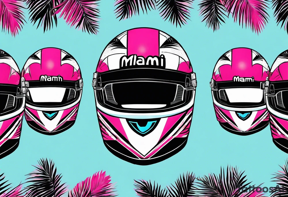 Formula 1 Helment with the Miami logo a palm tree and pink black and light blue colors tattoo idea