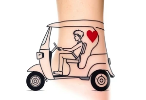 Create a simple tuk tuk. Add a boy in the vehicle. Add a heart to indicate that the boy is in love. tattoo idea