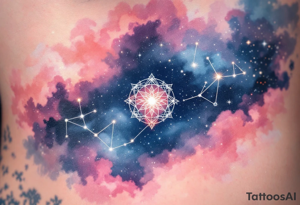 A pink and navy ombré sky holds the Cancer constellation with a silver zodiac glyph glowing at its center. tattoo idea