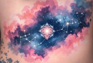 A pink and navy ombré sky holds the Cancer constellation with a silver zodiac glyph glowing at its center. tattoo idea