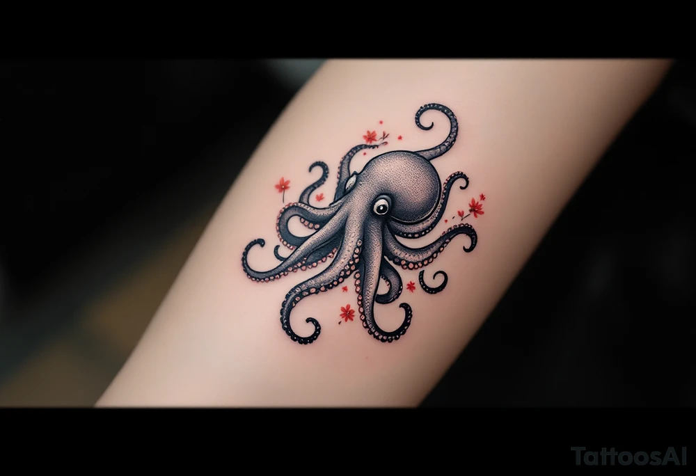 A small realistic black and grey tattoo of an octopus, cute, with detailed shading and soft linework, showing the octopus with swirling tentacles, on light skin. ornamental flowers around with red ink. The style is minimalistic and elegant, resembling fine-line tattoo with a shadow tattoo idea