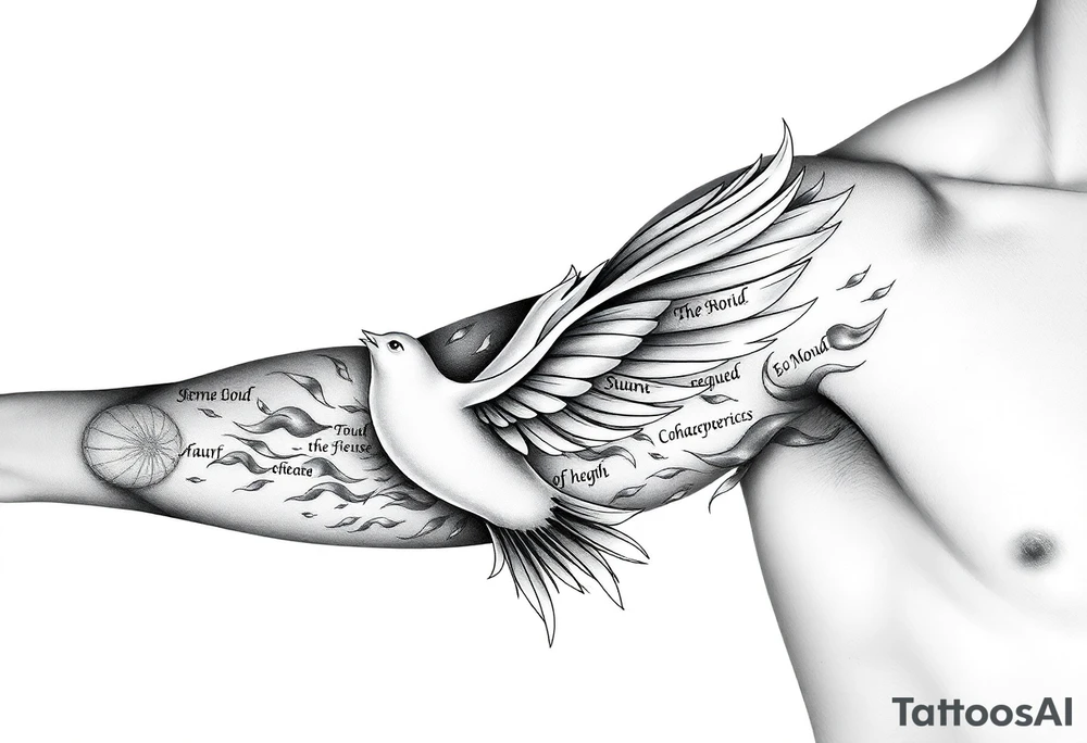 White dove of fire with the names of God and the Characteristics of the Holy Spirit tattoo idea