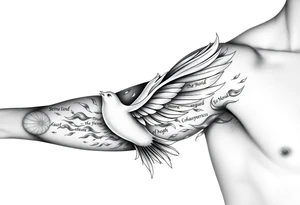 White dove of fire with the names of God and the Characteristics of the Holy Spirit tattoo idea