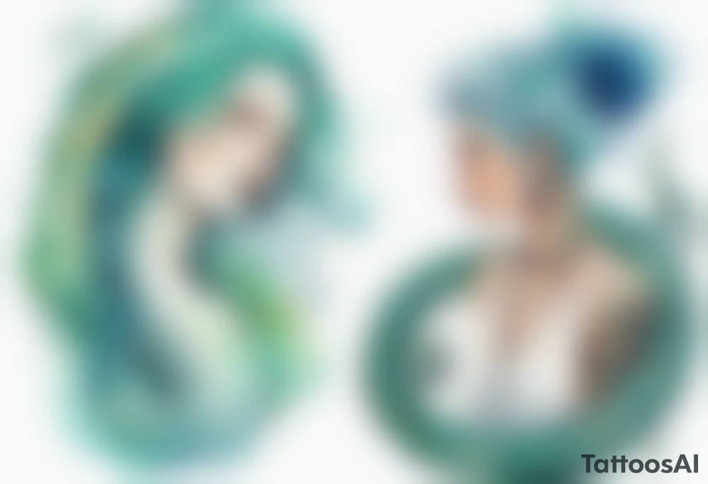 a sea serpent next to a women with blue-green hair wearing a white tunic tattoo idea