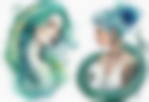 a sea serpent next to a women with blue-green hair wearing a white tunic tattoo idea