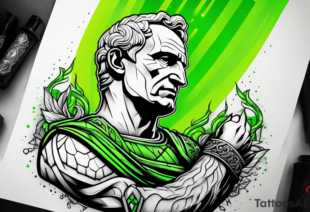Julius Caesar tattoo with streaks of neon green lightning in the background tattoo idea