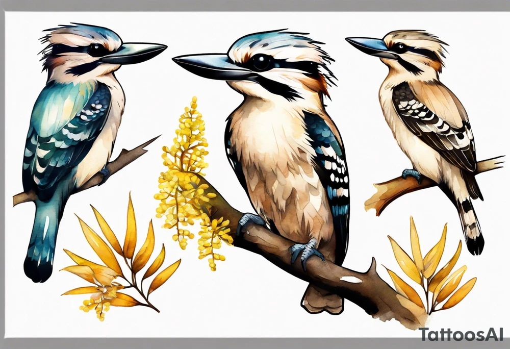 Small kookaburra sitting on wattle leaves tattoo idea