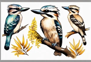 Small kookaburra sitting on wattle leaves tattoo idea