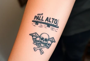 “East Palo Alto” city sign and “Newark” city sign on opposite sides of a bridge going across water in California with skulls and money and  scarface tattoo idea