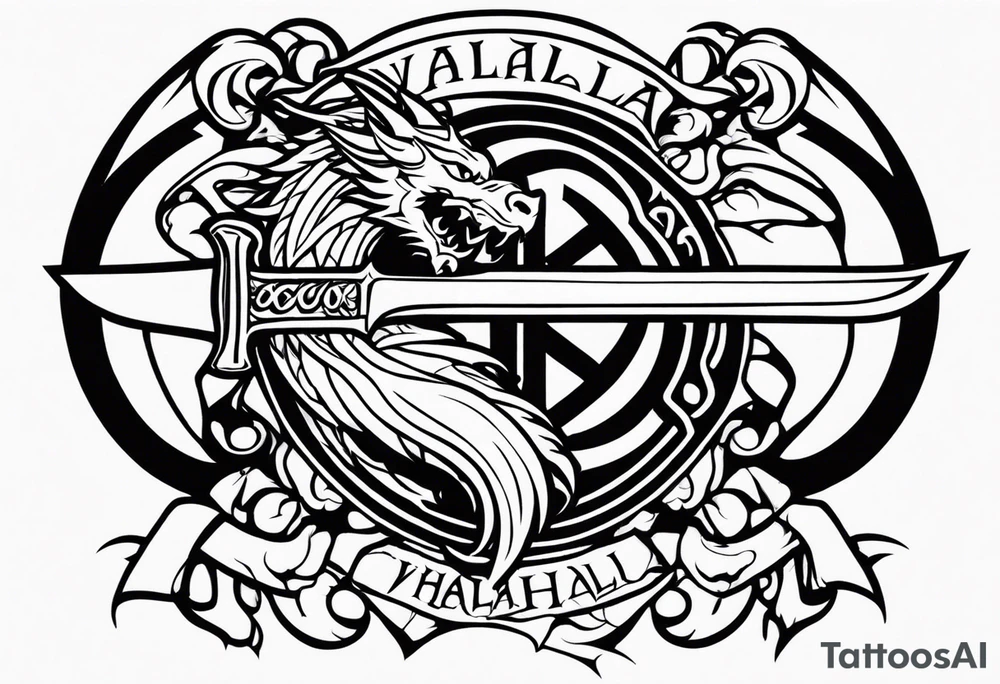 Valhalla prayer sword shield dragon axe tattoo idea