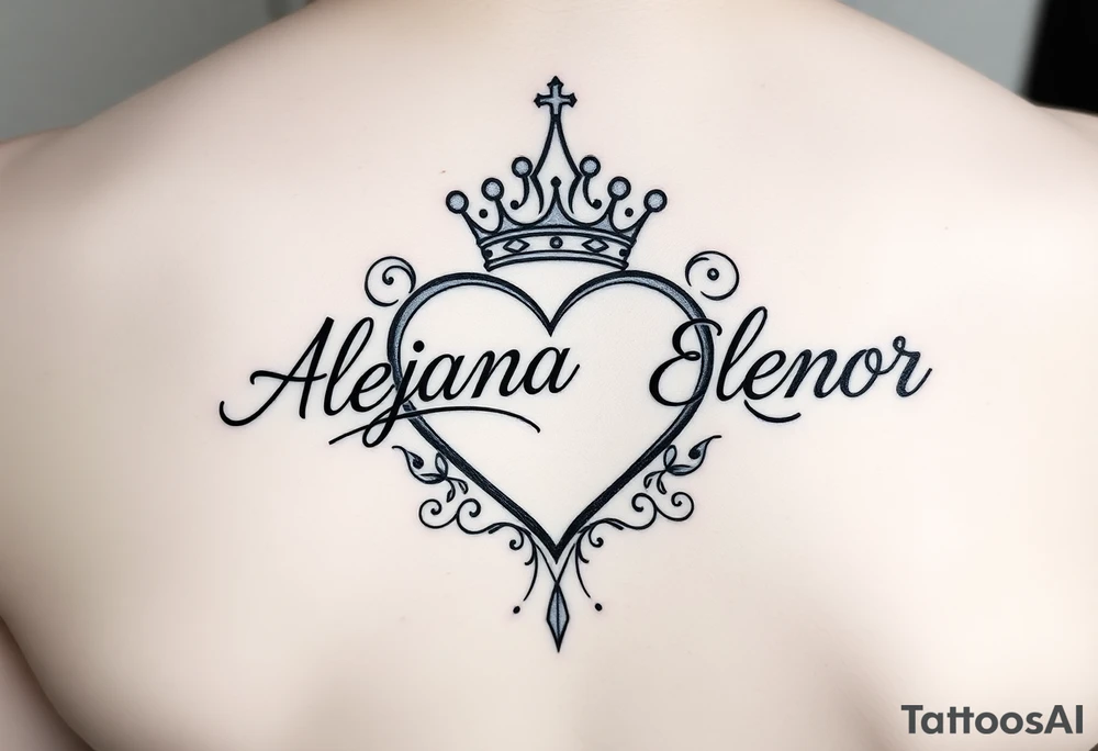 the name Alejandra and Eleanor in a heart with crown tattoo idea