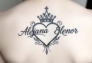 the name Alejandra and Eleanor in a heart with crown tattoo idea