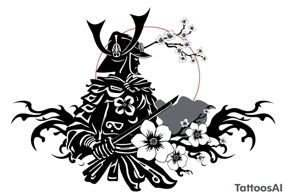 noble samurai warrior silhouette at sunset with cherry blossoms tattoo idea