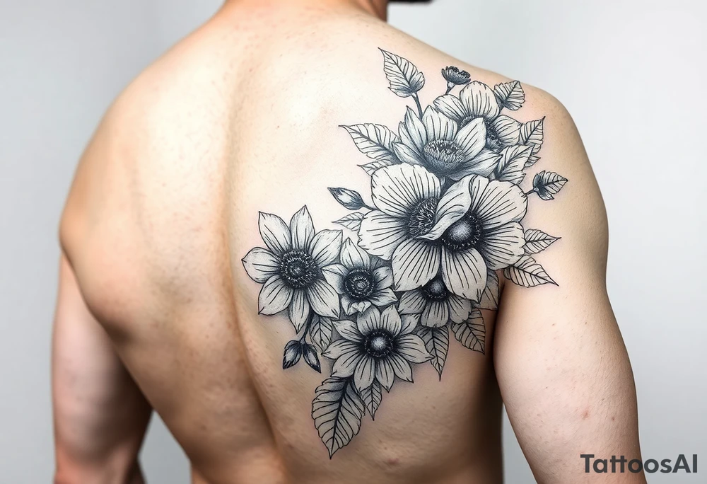 Arm sleeve with a variety of flowers and leopard print filler tattoo idea