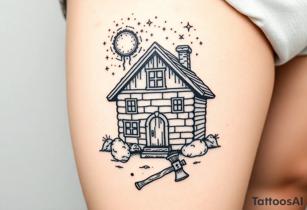 Nordic house with cosmic sky and celestial details. With a pickaxe out the front of the house tattoo idea