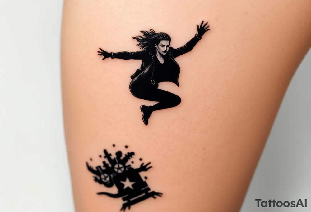 A silhouette of Tris jumping from a train, with motion blur effects to capture the speed and thrill of Dauntless initiation, representing movie Divergent tattoo idea