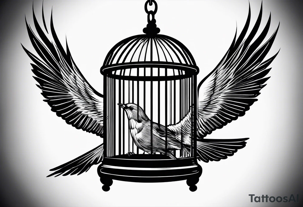 An open bird cage with a beautiful bird flying out of it. Front facing, it should be looking into the cage with the bird flying toward you out of the cage tattoo idea