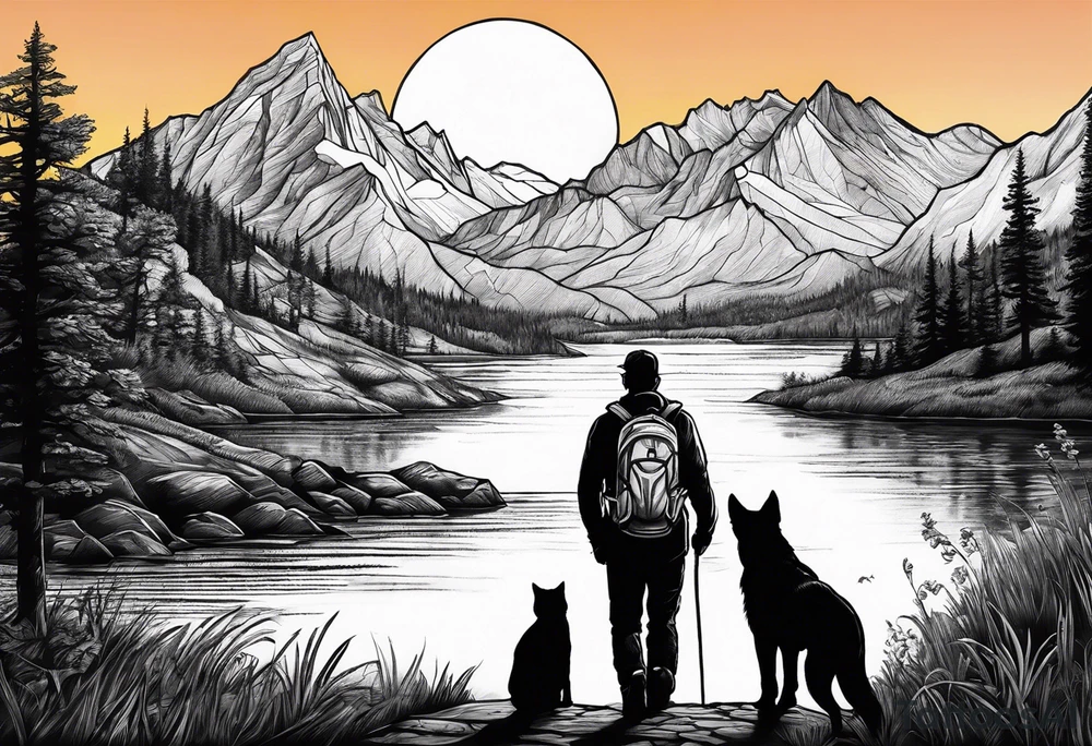 nature, sunset, mountains, a father and son hiking with their dog and cat by the water tattoo idea