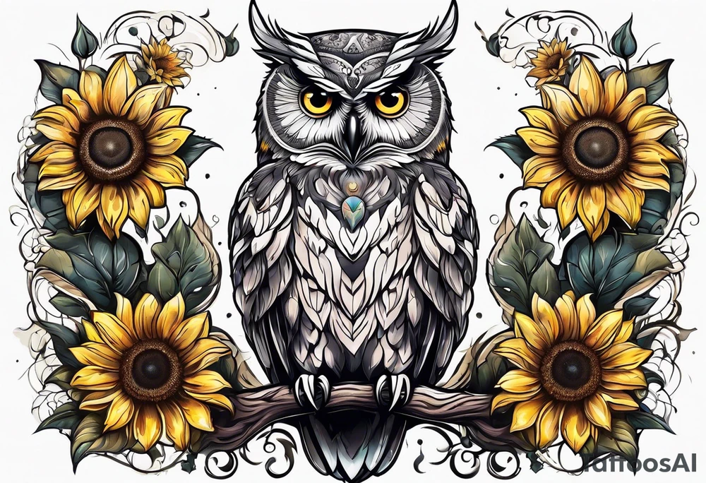 Owl with sunflower body tattoo idea