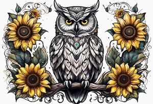 Owl with sunflower body tattoo idea