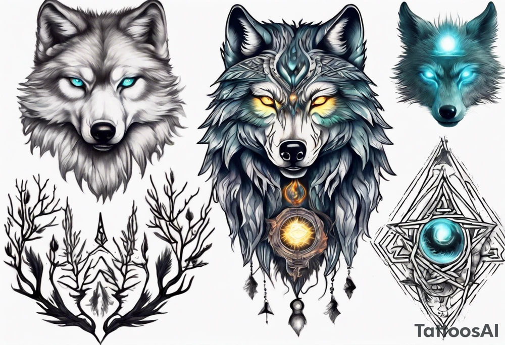 A wolf with a glowing pineal gland and spiritual symbolism tattoo idea