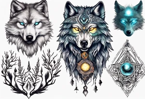 A wolf with a glowing pineal gland and spiritual symbolism tattoo idea