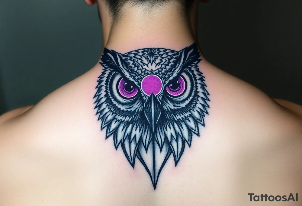 Cyber Owl head with large intense tripping purple eyes without pupils and geometry glowing circle on the forhead tattoo idea