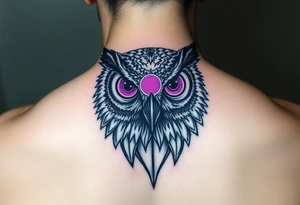 Cyber Owl head with large intense tripping purple eyes without pupils and geometry glowing circle on the forhead tattoo idea