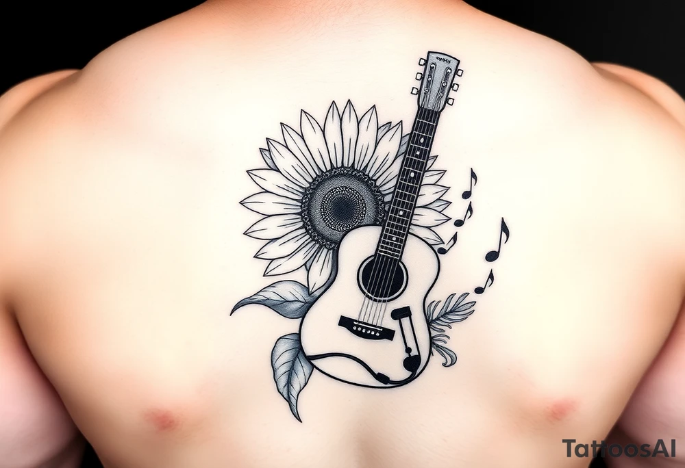 sunflower with a guitar behind at an angle with music notes flowing through and a microphone tattoo idea