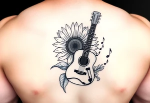 sunflower with a guitar behind at an angle with music notes flowing through and a microphone tattoo idea