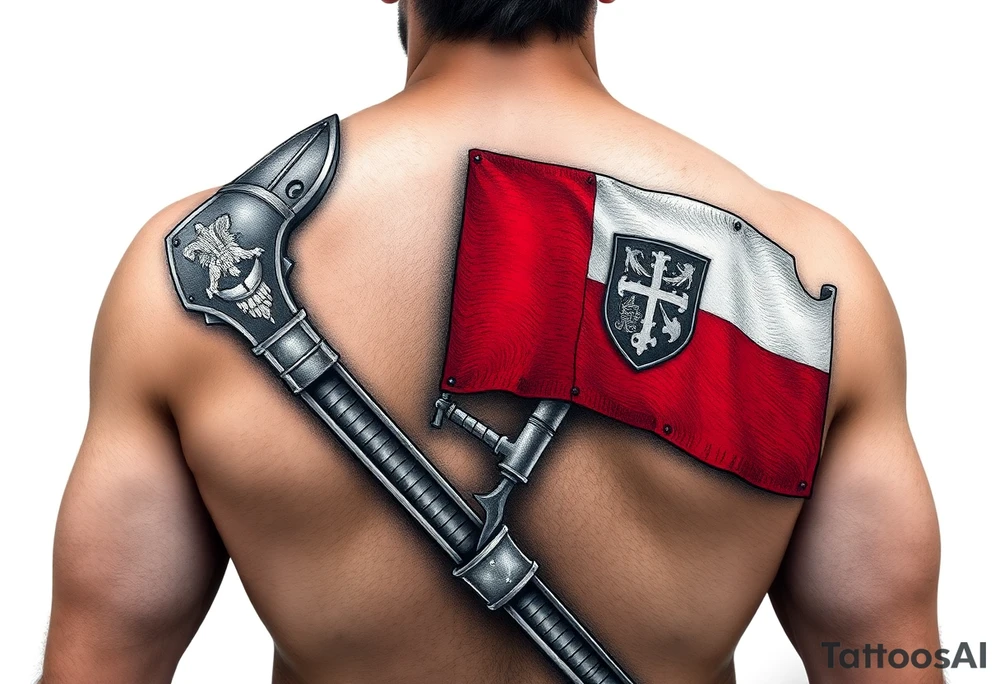 A knight in medieval armor holding a Czech flag, inspired by Hussite warriors, with battle-worn silver and red tones. tattoo idea